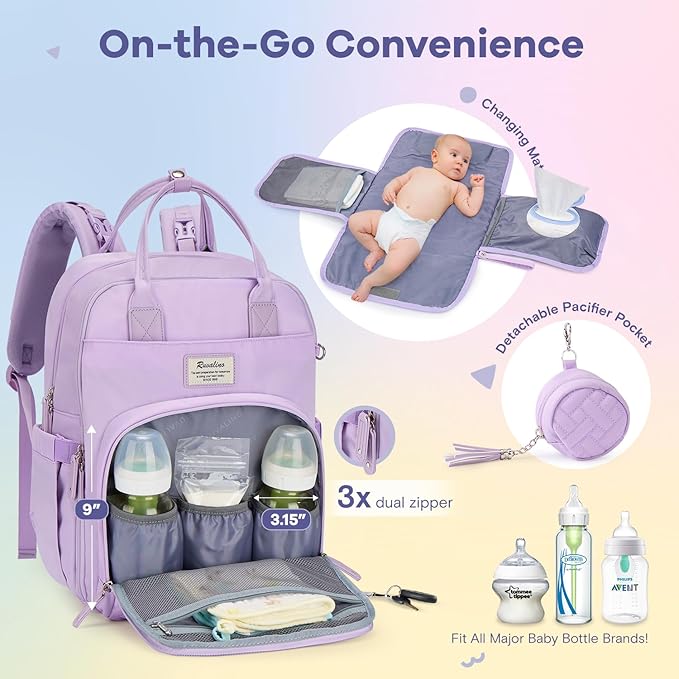 RUVALINO Diaper Bag Backpack, Multifunction Travel Pack Maternity Baby Changing Bags, Large Capacity, Waterproof, Light Purple