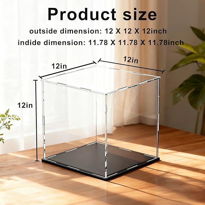 12 Inch Clear Acrylic Display Case, Cube Acrylic Box for Collectibles Showcase, Plexiglass Case with Matt Black Stand for Toys, Arts and Figures