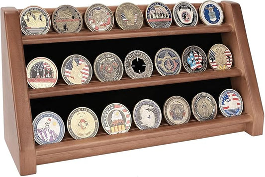 3 Rows Solid Wood Military Challenge Coin Holder Display - Holds 21-24 Coins, Army Coin Rack Display Case Stand for Wall Mount or Tabletop, Walnut