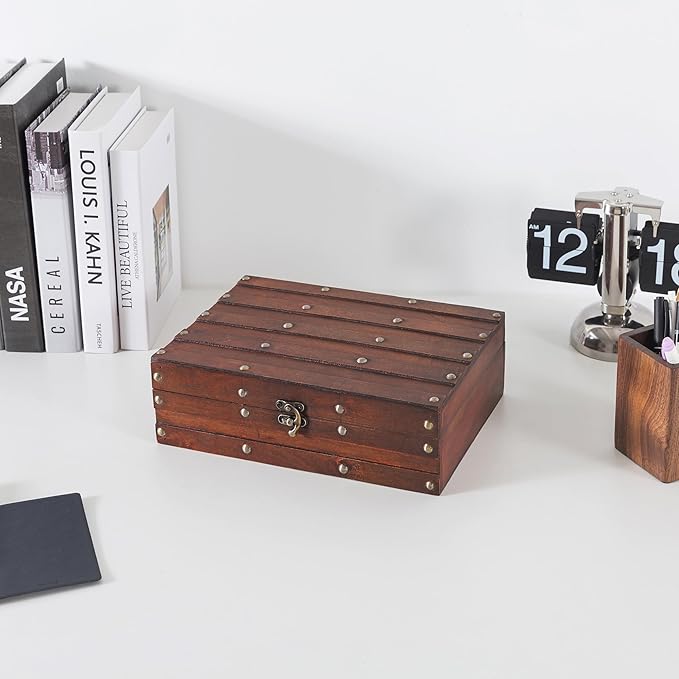 Soul & Lane Vintage Wooden Treasure Chest - Elegant Decorative Storage & Keepsake Box with Antique Hardware, Wood Box Trunk for Photos, Mementos, Office Supplies