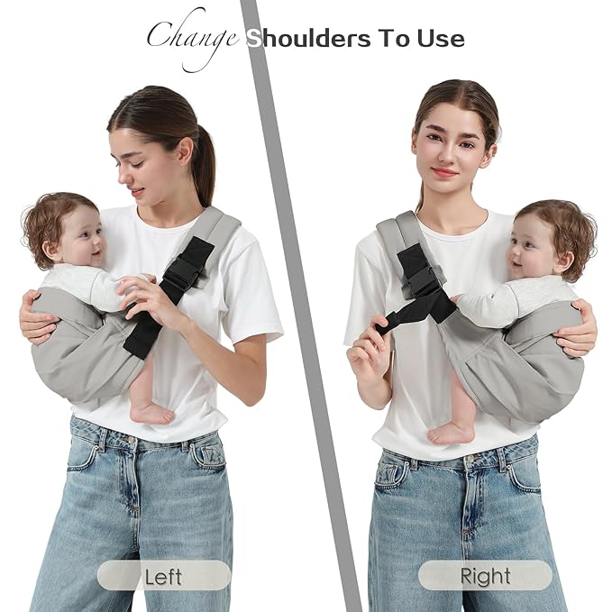 Baby Sling Carrier, Toddler Carrier Sling with Double Safety Buckle and Adjustable Shoulder Strap(7-30lbs), Baby Carriers One Size Fits All, Grey