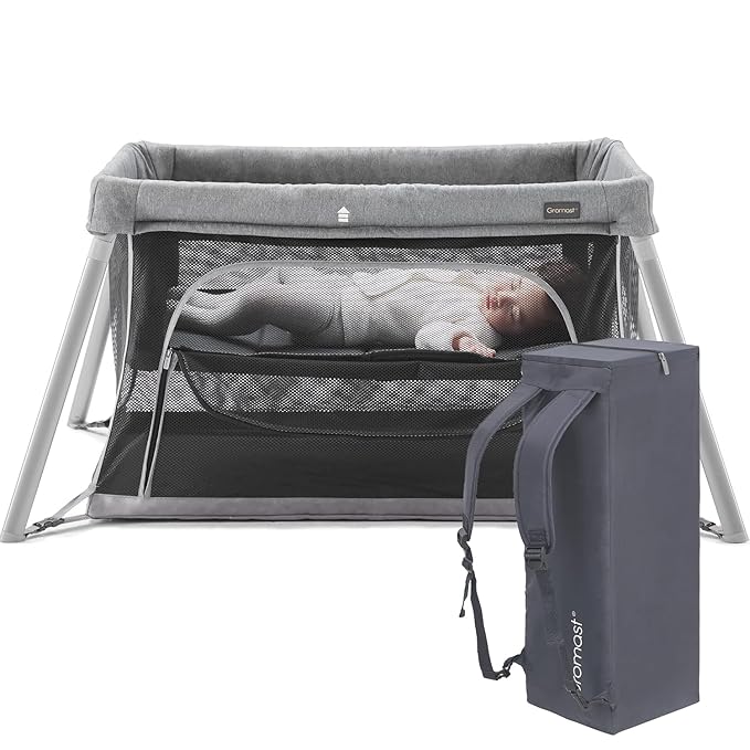2 in 1 Portable Travel Crib for Toddler, Foldable Crib for Baby, Lightweight Playpen Collapsible Playard with Soft Mattress, Easy to Carry Baby Travel Bed for Outdoor, Indoor (Grey)