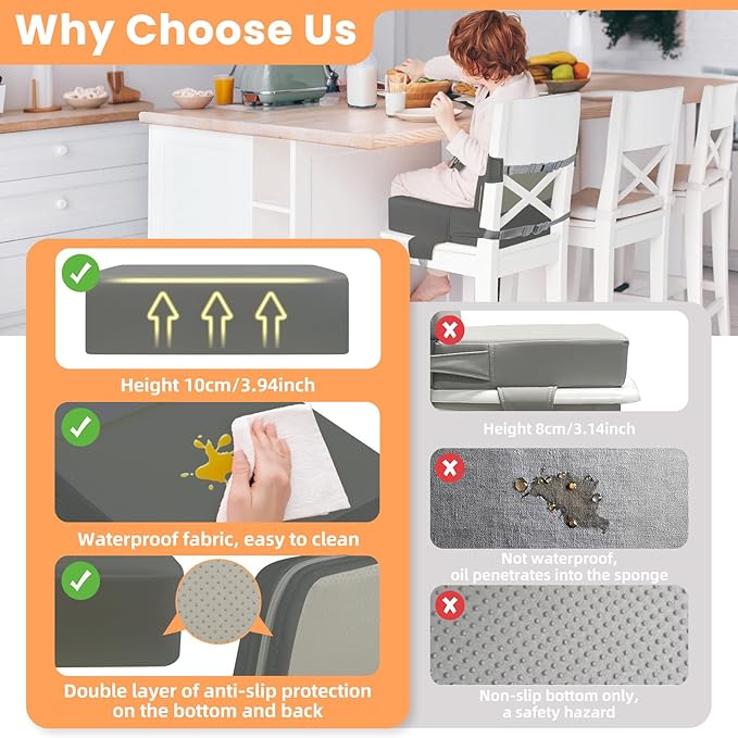 Toddler Booster Seat for Dining Table with Adjustable Straps, Kids Booster Seat for Kitchen Chair with Non-Slip Bottom, PU Anti-Scratch Portable Detachable Increasing Cushion (Dark Grey)