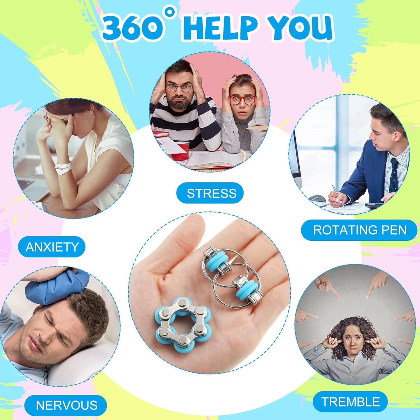 CHENGU 16 Pcs Fidget Toys Set Include 8 Six Roller Chain and 8 Key Flippy Chain Stress Reducer Bike Chain Toys Anxiety Relief Bike Chain for Teens Adults ADHD, Add, Autism (Cute)