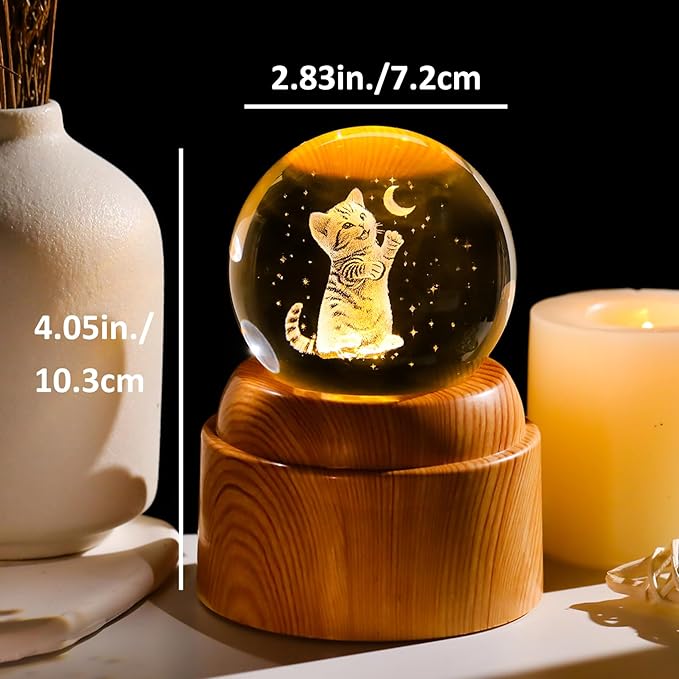 3D Cat Crystal Ball 2.36“ Engraved with Rotated Wood Base, Cat Lover Gifts for Women Girls Mothers Day Birthday Cats Decorative Globe Decor (Gifted Box)