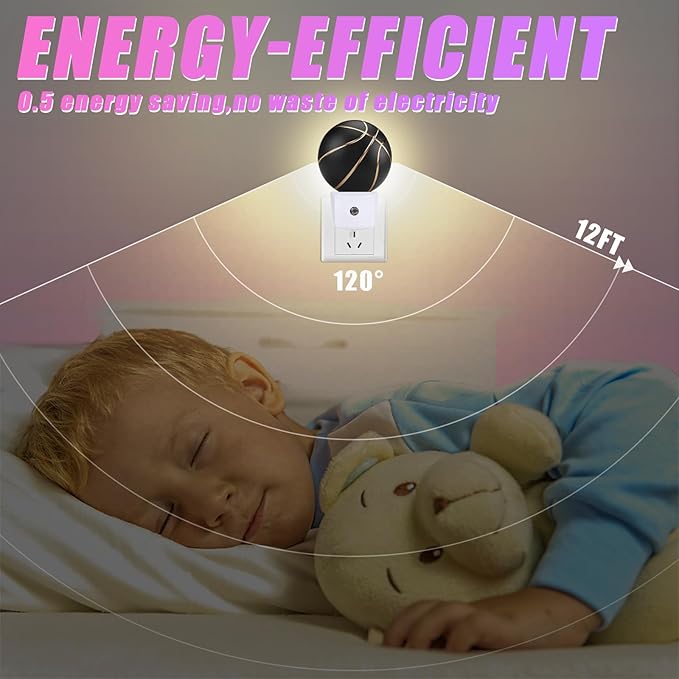 Basketball Night Light Sport Ball Night Lights LED Lamp Round Plug into Wall Nightlight with Dusk to Dawn Sensor Home Hallway Stairway Kitchen Decor