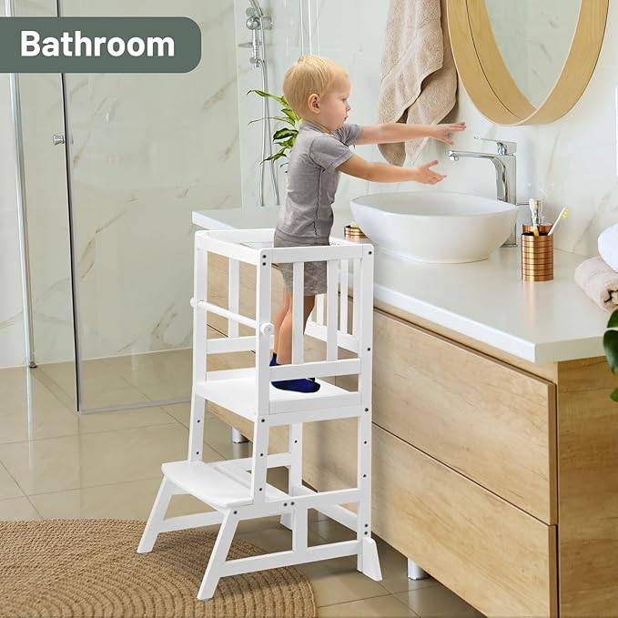 COSYLAND Kids Kitchen Step Stool, Height Adjustable Toddler Standing Tower Nursery Helper with CPC & FSC Certification, Removable Safety Railing Enjoys Exclusive Paten，White