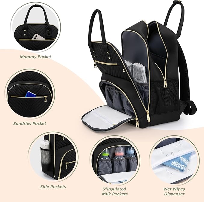 Diaper Bag Backpack,Baby Essentials Diapers Bag with Pacifier Case,Multipurpose Stylish Large Capacity Travel Backpack for Baby Girl/Boy(L-Black)