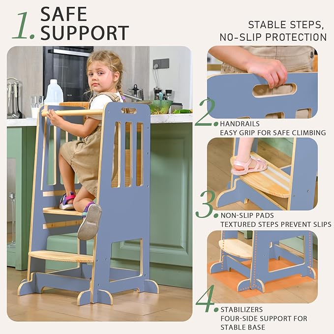 WINGYZ Toddler Kitchen Stool – Adjustable Helper Tower for Kids with Safety Rail, Wooden Standing Step-Up Stool, Sliding Door & Stable Base, Light Blue
