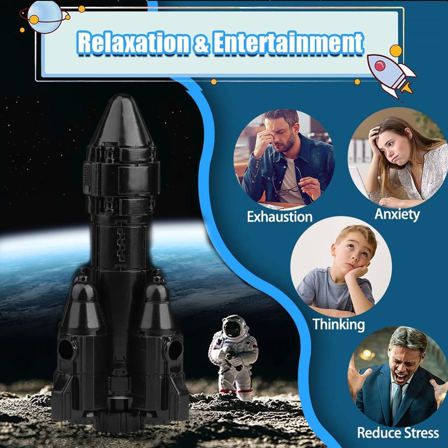 Rocket Fidget Spinner for Kids Adults Metal, Space Ship Miniature Finger Hand Spinner for Boys Age 3-12, Kinetic Desk Toy Spinning Top Desk Toy, EDC Office Stress Relief Gift Prize for Boys Girls