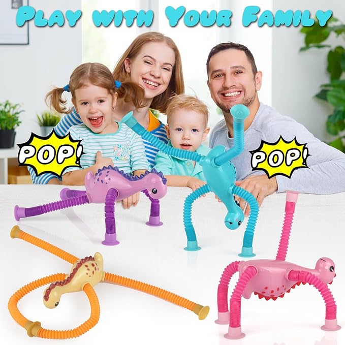 4 Pcs Telescopic Suction Cup Toy, Pop Tubes Sensory Toys for Toddlers, Educational Fidget Toys Dinos Party Favors for Anxiety Kids Basket Stocking Stuffer for 3-9 Year Old Boy Girl