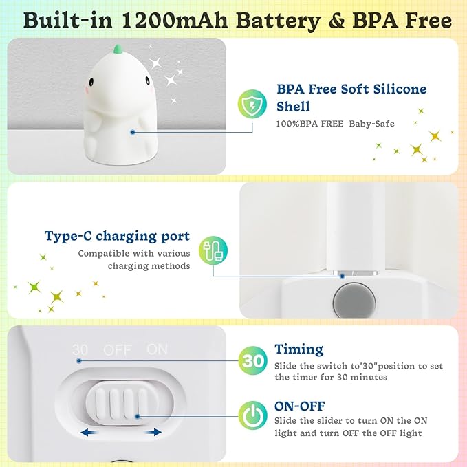 Dinosaur Night Light for Kids, Silicone Nursery LED Night Lamp with 30-Min Timer & 3 Levels Dimmable & Touch Sensor, Rechargeable Bedroom Nightlight for Mom's Night Helper
