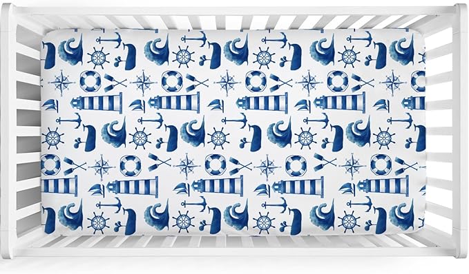 Navy and White Lighthouse Compass Whale Baby Crib Sheet 52''x28'' Nautical Life Fitted Crib Mattress Sheet for Boy Girl Nursery Bed Sheets for Standard Crib and Toddler Mattresses