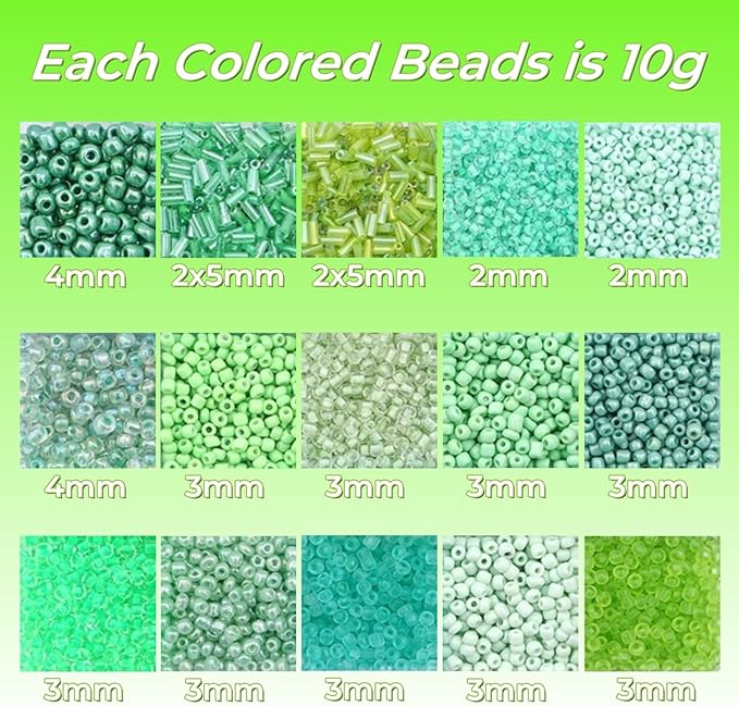 15 Color 4mm Small Assorted Glass Seed Beads,3mm Bugle Beads Friendship Bracelet Kit,2mm Tiny Tube Bead for Jewelry Making(Green)