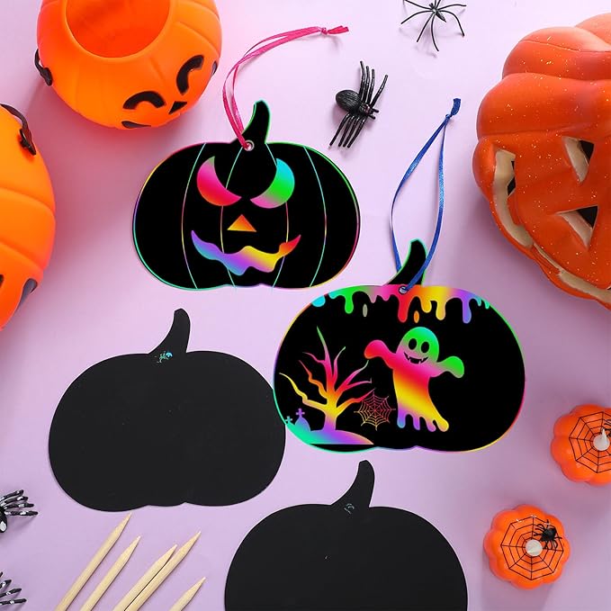 Jenaai 150 Set Halloween Scratch Art Halloween Paper Crafts Kit, 50 Pumpkin Scratch Cards Ornaments 50 Wooden Sticks 150 Ribbons for Rainbow Art Trick or Treat Party Supplies Game Goodies Gifts
