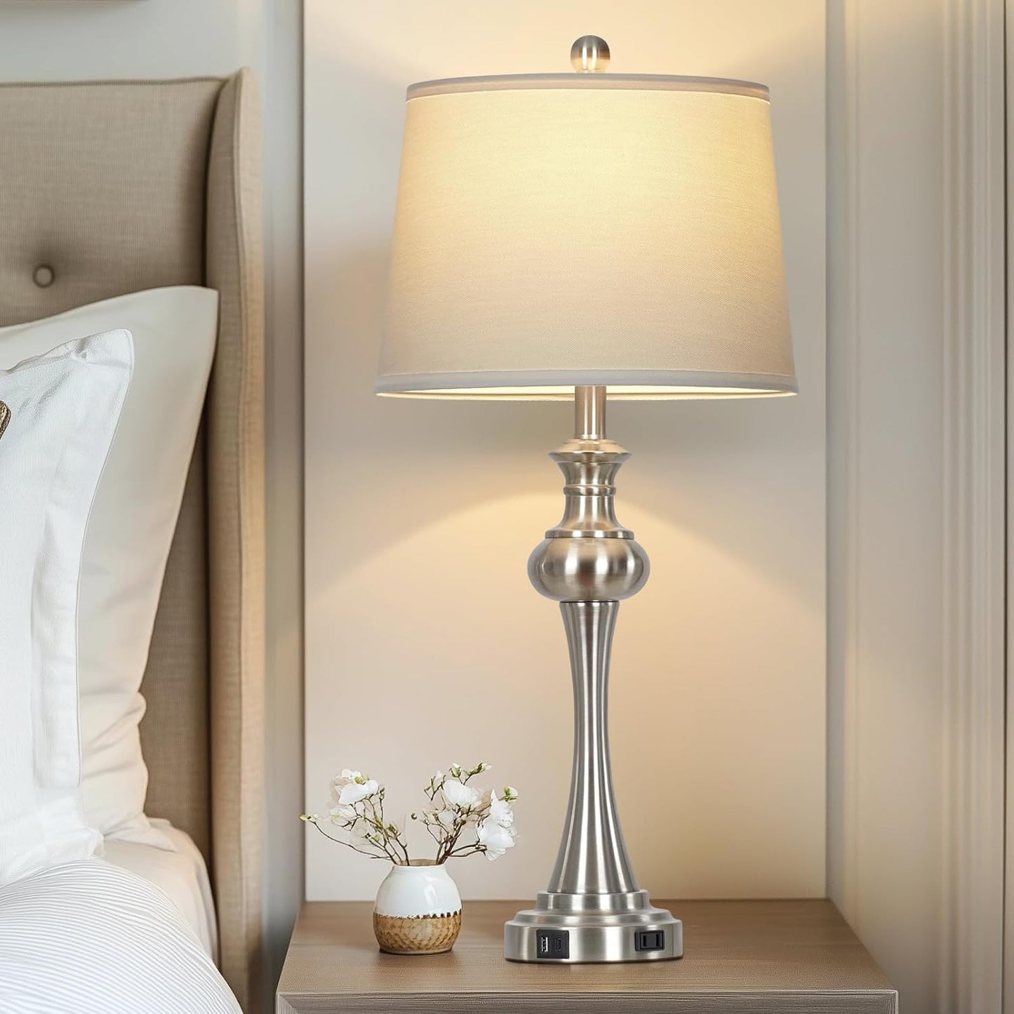 28.75"Silver Table Lamps Set of 2, 3 Way Touch Control Living Room Lamps with USB A+C Ports & Outlets , Modern Bedside Lamps, Elegant Metal Nightstand Lamps for Bedroom Office End Table Decoration