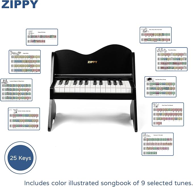 ZIPPY Kids Piano Keyboard, 25 Keys Digital Piano for Kids, Volume Adjustable, Mini Music Educational Instrument Toy, Wood Toy for Toddlers Girls Boys (Black)