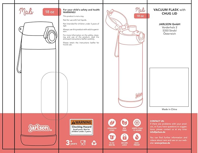 Jarlson® Mali Children's Water Bottle, Thermal Stainless Steel Water Bottle, BPA-Free, Leak-Proof, Children's Bottle with Chug Lid, Bottle for School, Nursery (Fire Engine Red, 18 oz)
