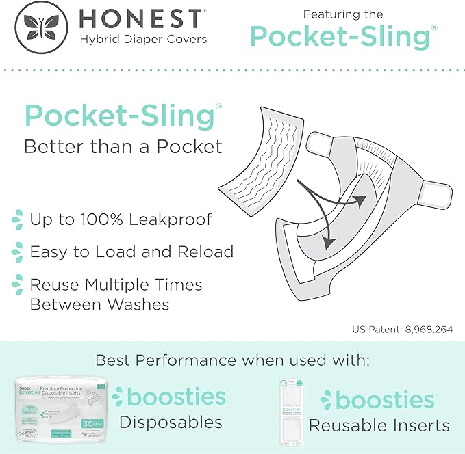 Super Boosties 96ct + Honest Hybrid Cloth Diaper Cover with Pocket-Sling, Small (8-15 lbs), Stops Nighttime Leaks, Boosties Disposable Diaper Inserts, Honest Cotton Muslin Covers, 3 Pack