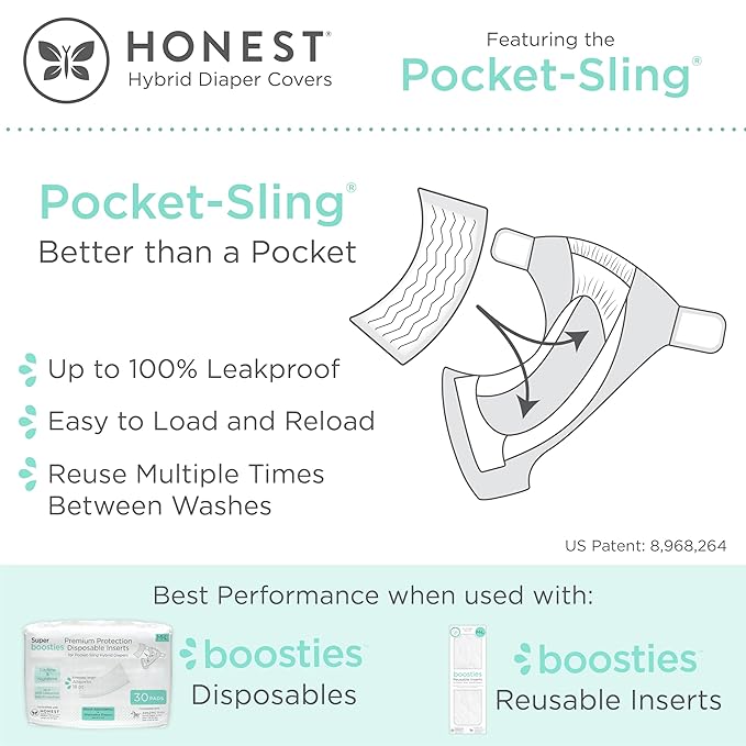 Honest Hybrid Cloth Diaper Covers with Pocket-Sling, Medium (12-25 Pound), Stops Nighttime Leaks, Use with Boosties Disposable or Reusable Insert, 3 Pack of Cotton Muslin Covers