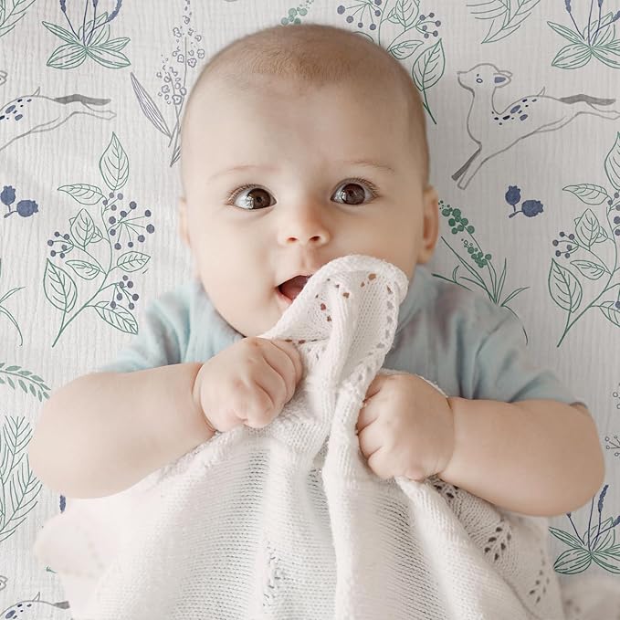 Muslin Bassinet Fitted Sheets, 2 Pack for Baby Boy and Girl, Soft Breathable Baby Pad/Mattress Sheet, Fit for Hourglass Oval and Rectangle Bassinet Mattress (Blue Deer)