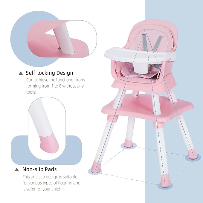 8 in 1 Baby Highchair, Convertible High Chair for Babies and Toddlers, Booster Seat w/5-Point Safety Belt, Toddler Building Block Table, Dishwasher Safe Tray, No Tool Install, Pink