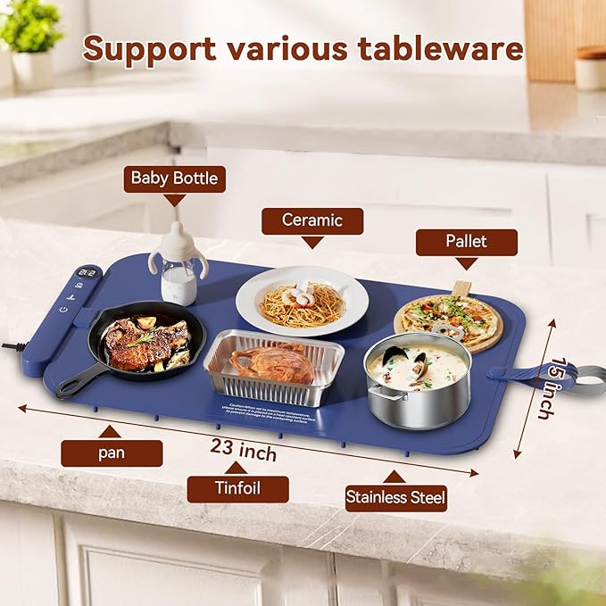 Upgrade Graphene Food Warming Mat - Full Surface Rapid Heating Electric Warming Tray for Countertop, Waterproof Food Warmers for Parties Buffet with 6 Temp Modes, Gifts for Mom (Blue)