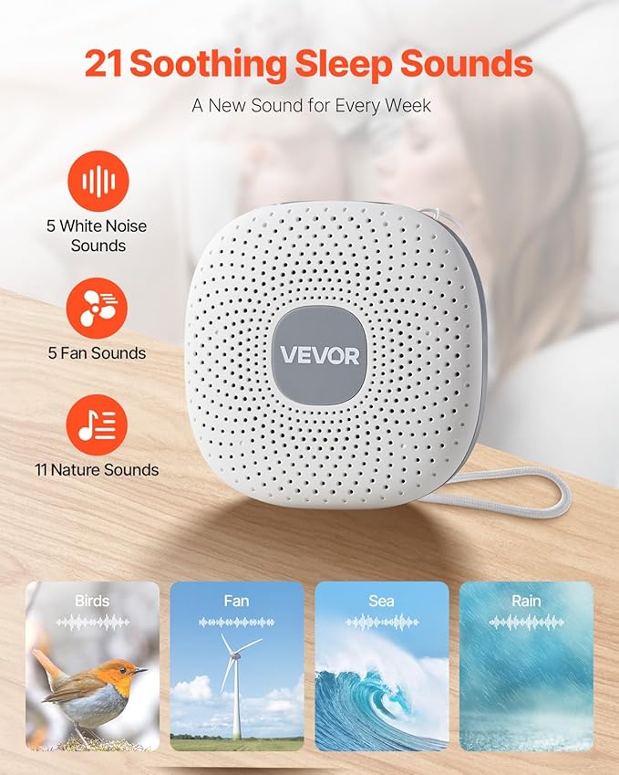VEVOR Sound Machine, 21 Soothing Sleep Sounds, 3-in-1 Portable and Hangable White Noise Sound Machine with Auto-Off Timer, Soft Ring Light and Memory Function, for Baby, Adults, Home, Office & Travel
