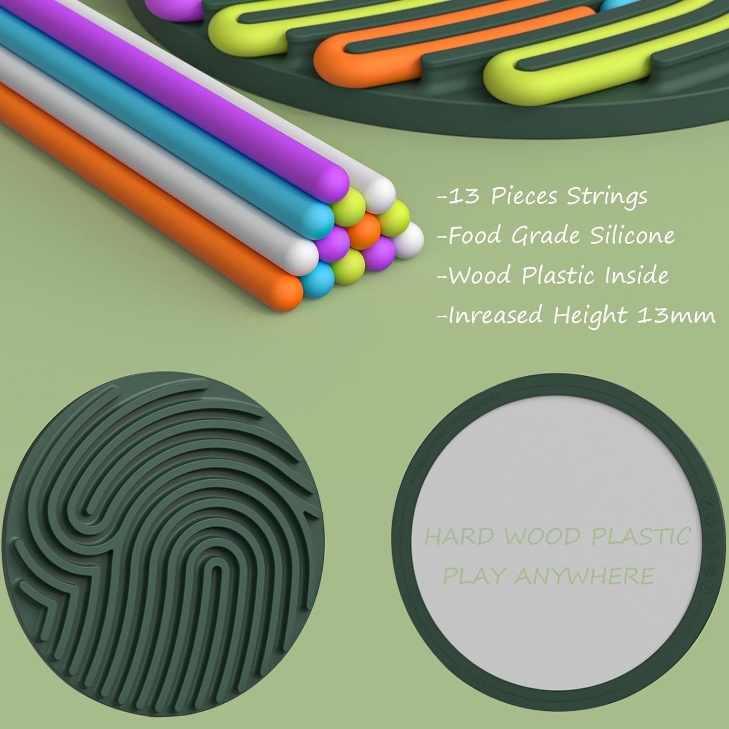 Silicone Sensory Activity Board, Silent Fidget Toys for Calming, Anxiety, Stress, ADHD and Autism, Kids 3+ & Adults, Portable with Travel Bag & 13 Colored Strings (Deep Green-Round Shape)