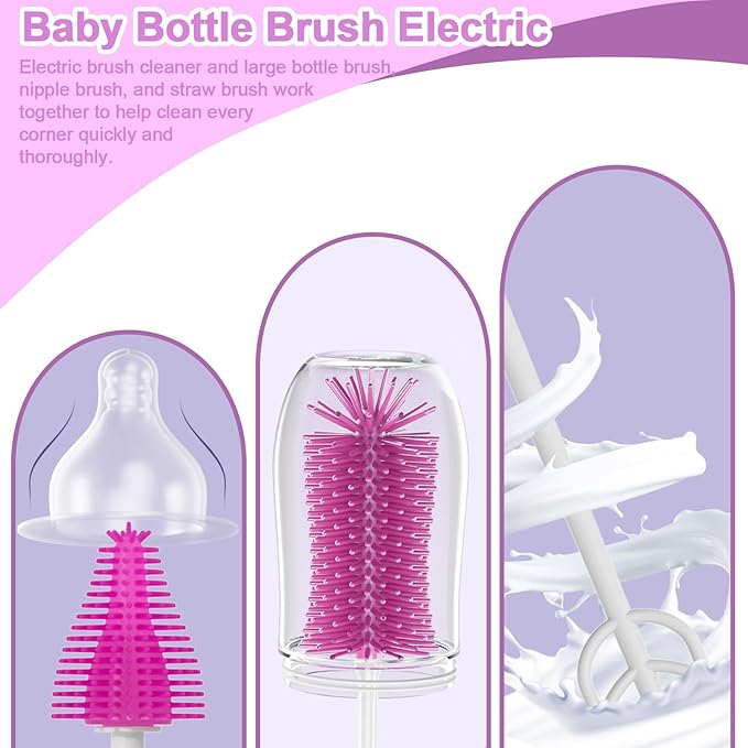 Portable Electric Baby Bottle Brush Set With Nipple/Straw Brush, Milk Frother and Drying Base, Waterproof IPX7, Rechargeable Travel Cleaning Kit, Purple