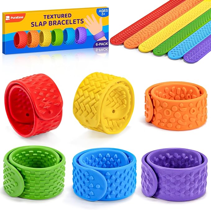 Textured Slap Bracelets - 6PC Silicone Sensory Fidget Toys for Kids, Teens & Adults - Calming Tools for Autism, ADHD, Anxiety & Stress Relief - Ideal for Classroom Rewards, Party & Special Needs Gifts