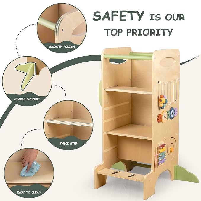 Wooden Toddler Tower Adjustable Height Step Stool, Toddler Kitchen Stool Helper with 8 Fun Learning Activities (Chalkboard, Slide, Bead Maze, Xylophone)