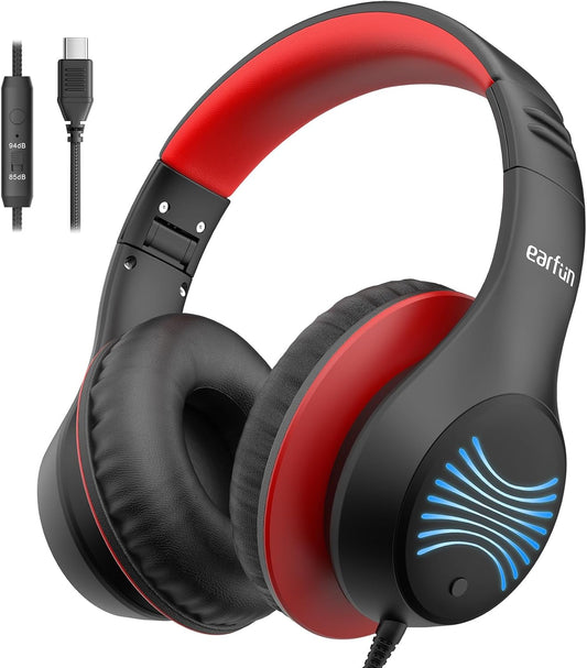 EarFun K3 Kids Headphones, Over Ear Headphones with Microphones, 85/94dB Volume Limit, HD Stereo Sound with LED Light, USB-C Cable, Foldable Wired Headphones for School/Boys/Girls/Tablet, Black