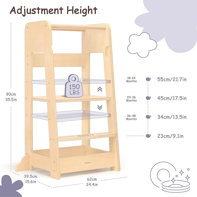 Standing Tower for Toddlers- Adjustable Height with 360° Safety Rail, Kids Step Stool with Safety Rail, Wooden Step Stool, Age 18 Months-6years