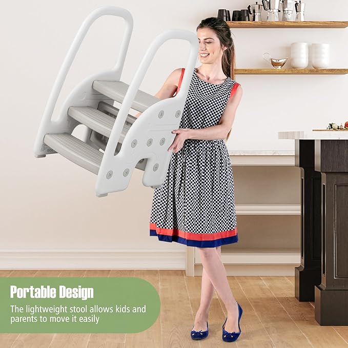 HONEY JOY Kitchen Step Stool for Toddlers, Children Plastic Tower Helper w/Handrails for Bathroom Sink, Toilet Potty Training, Adjustable 3 Step Kids Learning Standing Tower for Kitchen Counter(Gray)