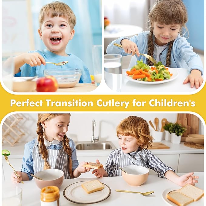 DRKIO Stainless Steel Toddler Utensils Set - 12 Pieces Kids Silverware Set Children Safe Food Grade Small Forks and Spoons Dishwasher Safe Mirror Polished