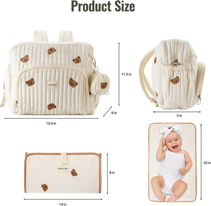 Diaper Bag Backpack, Medium Maternity baby bag & Changing Pad, Insulated Pockets, Stroller Straps & Pacifier Case (Medium - Beige Bears)