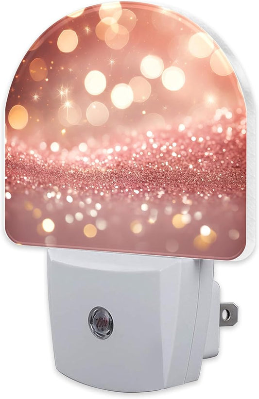 Rose Pink Glitter Night Light, Gold Sparkle Shine Bling Dusk to Dawn Night Light Plug in,0.5w Energy Saving Sleep Friendly NightLight for Kids Boys Girls Home Decor