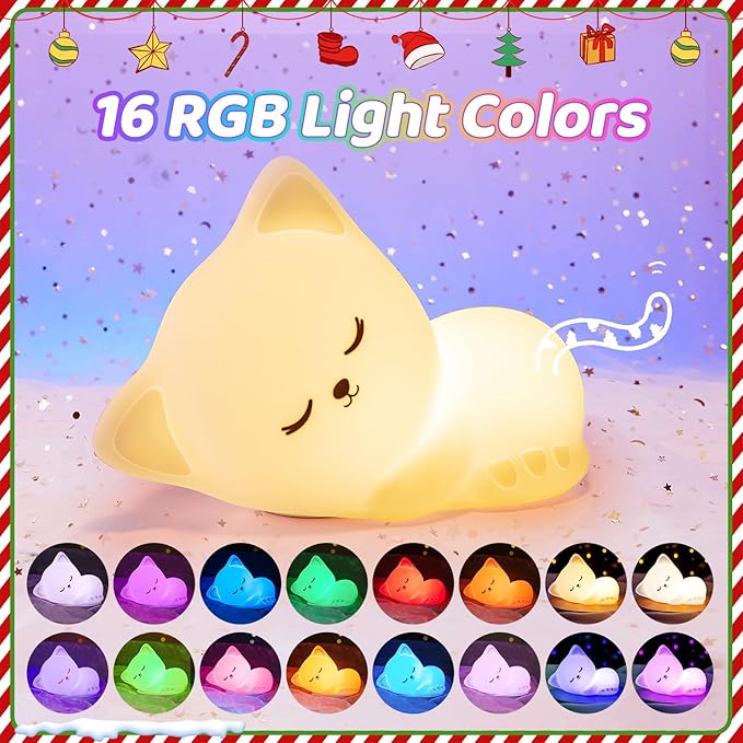 Night Light for Kids,16 Colors Cat Lamp Cute Lamp,Dimmable Baby Night Lights for Nursery,Silicone Rechargeable Nightlight for Kids Room,Kawaii Room Decor,Cat Gifts for Girls Gift for 3-6 Year Old Girl