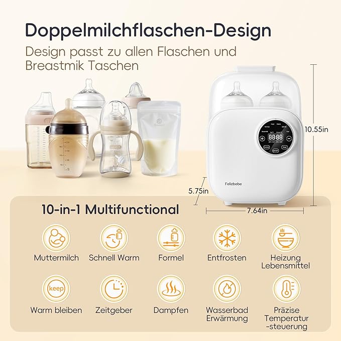 Baby Bottle Warmer, Felizbebe 10-in-1 Double Bottle Warmer for Breastmilk or Formula, Breast Milk Warmer for Baby, Accurate Temperature Control, Timer, Sterili-zing, Defrost, Heat Food, Keep Warm