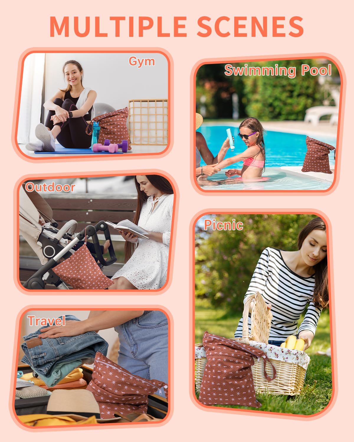 babygoal Wet Dry Bags for Baby Cloth Diapers, Washable Travel Bags, Beach, Pool, Gym Bag for Swimsuits & Wet Clothes with Two Zippered Pockets 3 Pack, 3LN16