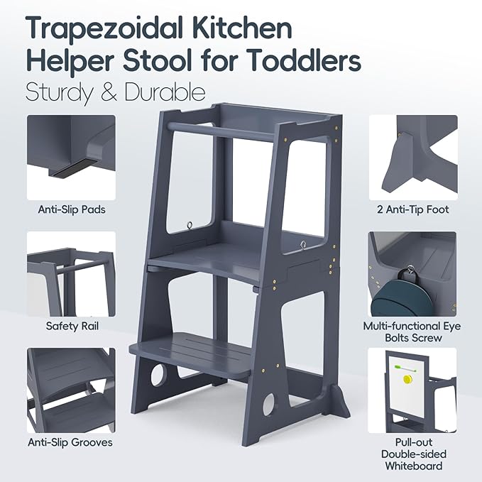 4 in 1 Toddler Step Stool Tower, Foldable Learning Standing Tower with Whiteboard 2 in 1 Convertible Table and Chair, Removable Safety Rail, Widened Platforms for Kitchen Counter Bathroom Sink