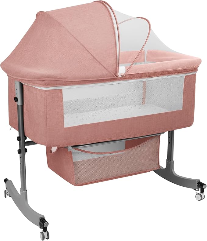 3-in-1 Baby Bassinet Bedside Sleeper for Newborns & Infants - 6-Level Height Adjustable, Portable Convertible Bassinet/Cradle with Mosquito Net, Storage Basket & Wheels,Easy Assemble (Pink)