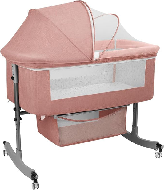 3-in-1 Baby Bassinet Bedside Sleeper for Newborns & Infants - 6-Level Height Adjustable, Portable Convertible Bassinet/Cradle with Mosquito Net, Storage Basket & Wheels,Easy Assemble (Pink)