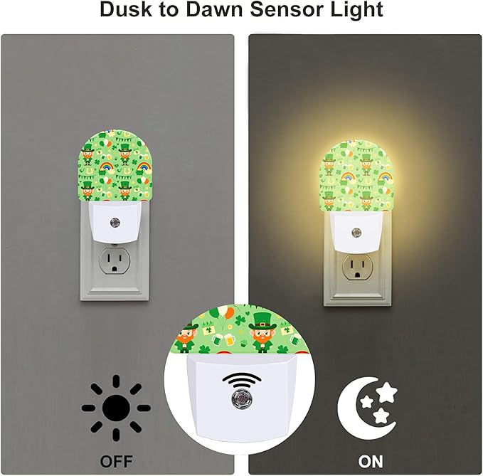 St. Patrick's Day Cute Pattern Night Light for Kids,Green Shamrock Leprechaun Rainbow Night Light Plug in with Dusk to Dawn Sensor, 0.5w Energy Saving Sleep Friendly Nightlight for Kitchen Bedroom