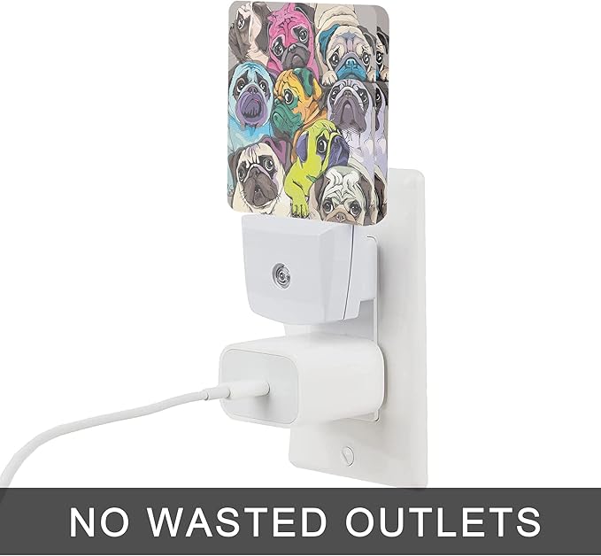Dog Night Light,Colorful Pugs Dogs Night Lights Plug into Wall with Dusk to Dawn Light Sensors 0.5W Dim Lamp for Bedroom