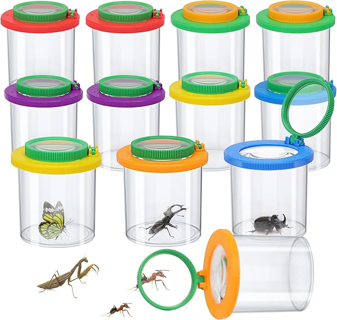 Coopay 12 Pieces Magnifying Insect Box Bug Viewer Critter Insect Cage Bug Magnifier Container Bug Catcher Cage Bug Jar Collecting Kit for Children, Kids Science Nature Exploration Tools