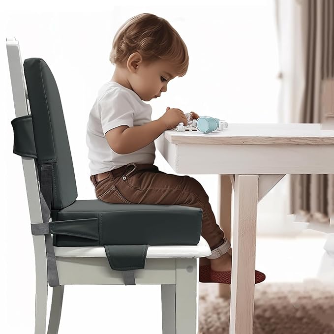 Booster Seat for Dining Table, PU Anti-Scratch Easy Cleaning Kids Toddler Booster Seat for Table, Portable Travel Increasing Cushion for Chair - Dark Grey