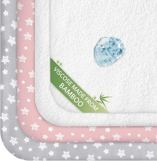 Pack and Play Sheets & Waterproof Terry Pack N Play Mattress Protector Pad Cover 4 Pack, Viscose Terry Pack N Play Sheets Set, Grey & Pink