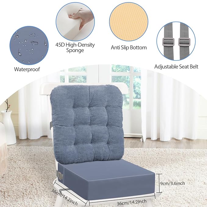 Booster Seat for Kitchen Chair - 2Pcs Toddler Booster Seat for Dining Table Adjustable Safety Belts & Non-Slip Bottom, PU Waterproof Easy Cleaning Booster Chair Cushion